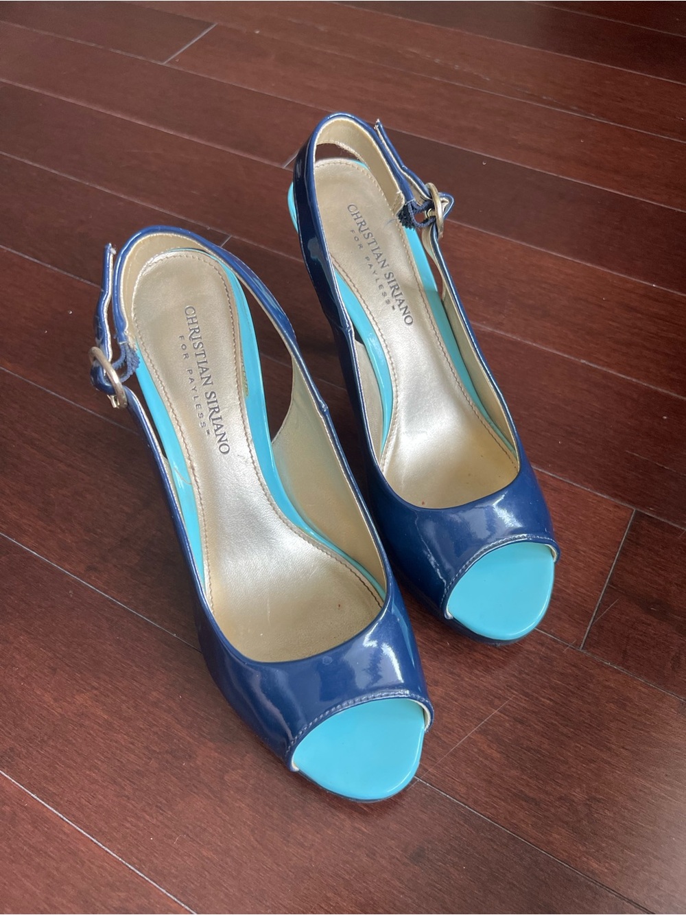 Christian Siriano Navy and Teal Patent Peep-Toe Slingback Heels